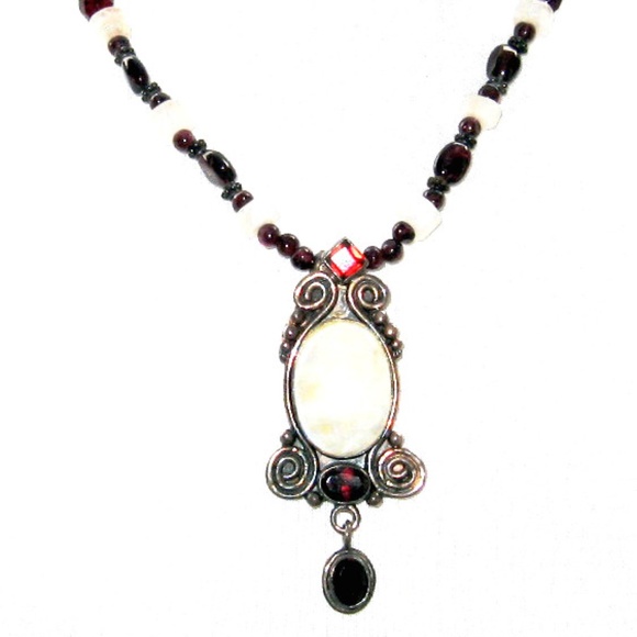 Silver Moonstone and Garnet Necklace .925